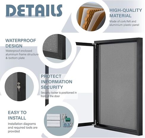 Enclosed Bulletin Board Outdoor Noticeboard with Locking Door, Weather-Resistant, Grey Felt, Black Aluminum Frame, 36 x 24 in in Saudi Arabia
