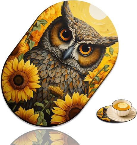 Fashion Mousepad and Coaster Combination, Gaming Mousepad, for Office Laptops, Wireless Mouse Non-Slip Rubber Mouse Pad, Desktop Computer Mouse Pad, Owl and Sunflower in Kuwait