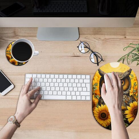Fashion Mousepad and Coaster Combination, Gaming Mousepad, for Office Laptops, Wireless Mouse Non-Slip Rubber Mouse Pad, Desktop Computer Mouse Pad, Owl and Sunflower in Kuwait