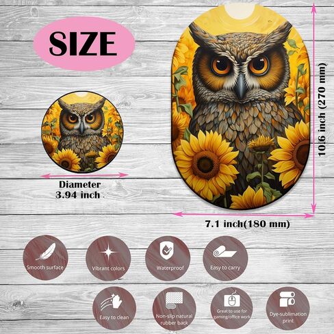 Fashion Mousepad and Coaster Combination, Gaming Mousepad, for Office Laptops, Wireless Mouse Non-Slip Rubber Mouse Pad, Desktop Computer Mouse Pad, Owl and Sunflower in Kuwait