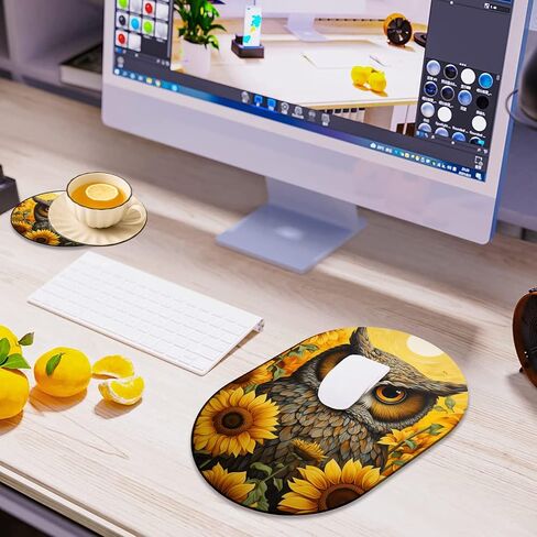 Fashion Mousepad and Coaster Combination, Gaming Mousepad, for Office Laptops, Wireless Mouse Non-Slip Rubber Mouse Pad, Desktop Computer Mouse Pad, Owl and Sunflower in Kuwait