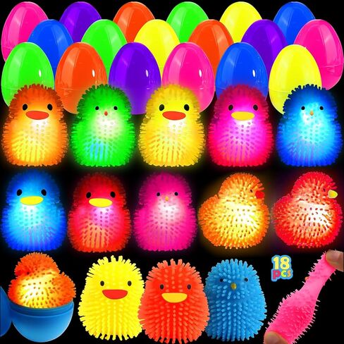 18 Pcs Easter Eggs Filled with LED Chick Puffer Balls, Easter Basket Stuffers with Light Up Stress Relief Fidget Toys Squeeze Ball for Kids Boys Girls Party Favor Gifts Easter Egg Hunt Fillers in Saudi Arabia
