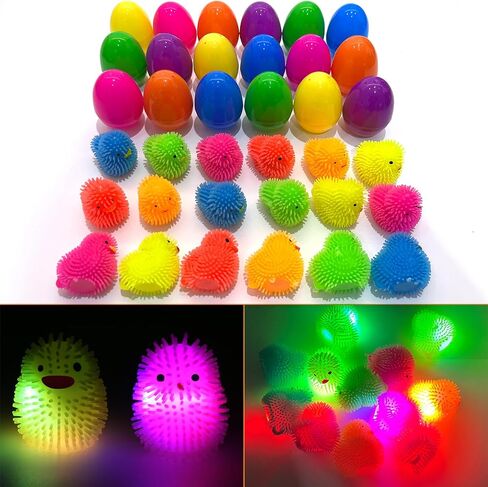 18 Pcs Easter Eggs Filled with LED Chick Puffer Balls, Easter Basket Stuffers with Light Up Stress Relief Fidget Toys Squeeze Ball for Kids Boys Girls Party Favor Gifts Easter Egg Hunt Fillers in Saudi Arabia