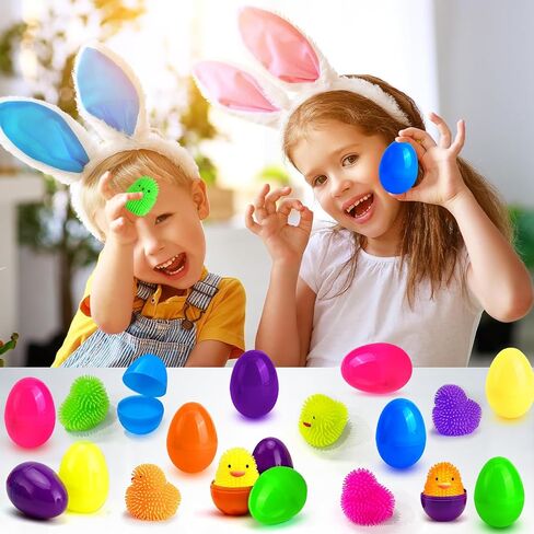 18 Pcs Easter Eggs Filled with LED Chick Puffer Balls, Easter Basket Stuffers with Light Up Stress Relief Fidget Toys Squeeze Ball for Kids Boys Girls Party Favor Gifts Easter Egg Hunt Fillers in Saudi Arabia