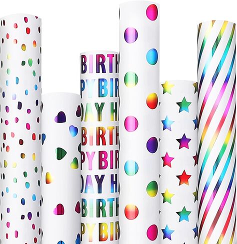 E ELAINFIA 6 Rolls Birthday Wrapping Paper Christmas Wrapping Paper Roll Gift Wrapping Paper Colorful Gold Heart Dots Star Happy Birthday Party Holiday in Saudi Arabia