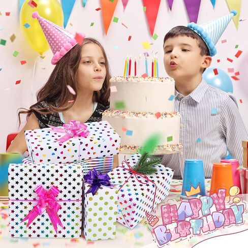 E ELAINFIA 6 Rolls Birthday Wrapping Paper Christmas Wrapping Paper Roll Gift Wrapping Paper Colorful Gold Heart Dots Star Happy Birthday Party Holiday in Saudi Arabia