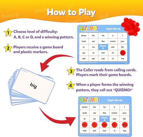 QUIZMO Sight Words - Bingo-Style Vocabulary Game - 4 Levels of Difficulty for Ages 5-9 - Teach Basic Reading and Writing Skills in Saudi Arabia