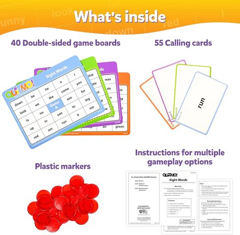 QUIZMO Sight Words - Bingo-Style Vocabulary Game - 4 Levels of Difficulty for Ages 5-9 - Teach Basic Reading and Writing Skills in Saudi Arabia