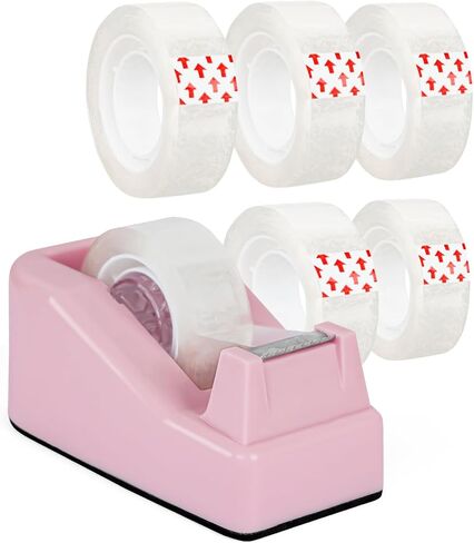 Desktop Tape Dispenser Pink with Weighted Nonskid Base - Includes 6 Rolls of Transparent Tape (0.71 Inch x 1000 inches Each) in Saudi Arabia