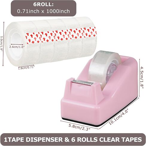 Desktop Tape Dispenser Pink with Weighted Nonskid Base - Includes 6 Rolls of Transparent Tape (0.71 Inch x 1000 inches Each) in Saudi Arabia