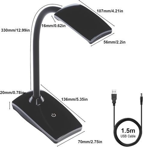 LED Desk Lamp 3 Brightness Dimmable Eye-Caring Black Table Lamp Flexible Gooseneck Touch Desk Light 5W 450lm for Home Office Bedroom Reading Study 1.5M USB Cable in Kuwait