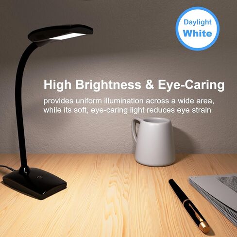 LED Desk Lamp 3 Brightness Dimmable Eye-Caring Black Table Lamp Flexible Gooseneck Touch Desk Light 5W 450lm for Home Office Bedroom Reading Study 1.5M USB Cable in Kuwait