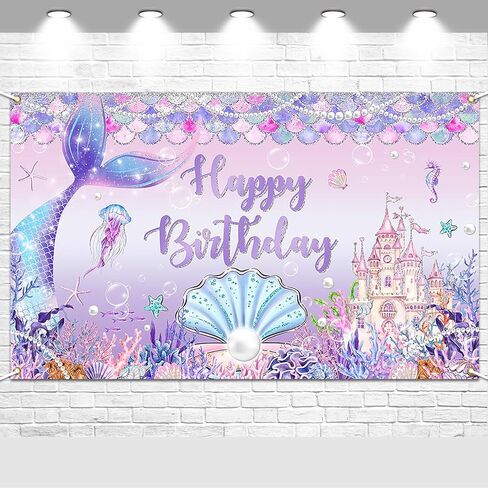 Avezano Mermaid Birthday Banner, Under The Sea Backdrop for Girls Birthday Party Decoration Mermaid Birthday Backdrop Mermaid Tail Princess Castle Scales Photo Booth Props 70.8 x 43.3 inch in Saudi Arabia