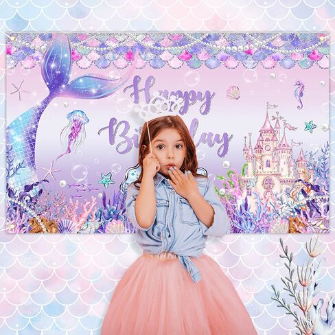 Avezano Mermaid Birthday Banner, Under The Sea Backdrop for Girls Birthday Party Decoration Mermaid Birthday Backdrop Mermaid Tail Princess Castle Scales Photo Booth Props 70.8 x 43.3 inch in Saudi Arabia