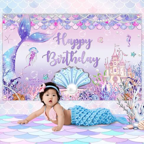 Avezano Mermaid Birthday Banner, Under The Sea Backdrop for Girls Birthday Party Decoration Mermaid Birthday Backdrop Mermaid Tail Princess Castle Scales Photo Booth Props 70.8 x 43.3 inch in Saudi Arabia