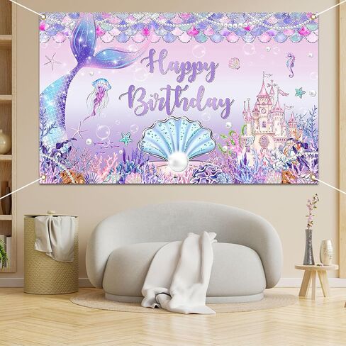 Avezano Mermaid Birthday Banner, Under The Sea Backdrop for Girls Birthday Party Decoration Mermaid Birthday Backdrop Mermaid Tail Princess Castle Scales Photo Booth Props 70.8 x 43.3 inch in Saudi Arabia