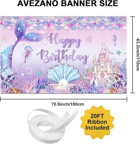 Avezano Mermaid Birthday Banner, Under The Sea Backdrop for Girls Birthday Party Decoration Mermaid Birthday Backdrop Mermaid Tail Princess Castle Scales Photo Booth Props 70.8 x 43.3 inch in Saudi Arabia