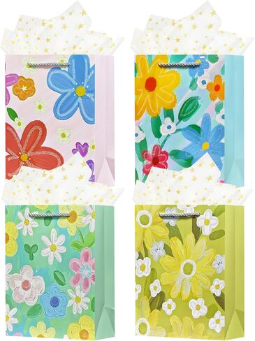 OFIHANLY 4Pcs 9" Small Size Floral Gift Bag with Handles for Happy Mother's Day Women Girls Baby Kids Cute Birthday Paper Gift Wrap Bags with Tissue Paper for New Mom, Grandma, Sister, Nana, Gigi in Saudi Arabia