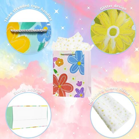 OFIHANLY 4Pcs 9" Small Size Floral Gift Bag with Handles for Happy Mother's Day Women Girls Baby Kids Cute Birthday Paper Gift Wrap Bags with Tissue Paper for New Mom, Grandma, Sister, Nana, Gigi in Saudi Arabia