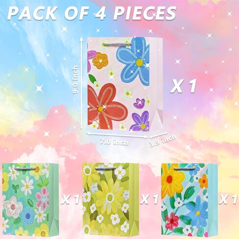 OFIHANLY 4Pcs 9" Small Size Floral Gift Bag with Handles for Happy Mother's Day Women Girls Baby Kids Cute Birthday Paper Gift Wrap Bags with Tissue Paper for New Mom, Grandma, Sister, Nana, Gigi in Saudi Arabia