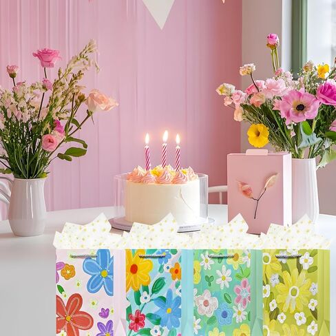 OFIHANLY 4Pcs 9" Small Size Floral Gift Bag with Handles for Happy Mother's Day Women Girls Baby Kids Cute Birthday Paper Gift Wrap Bags with Tissue Paper for New Mom, Grandma, Sister, Nana, Gigi in Saudi Arabia