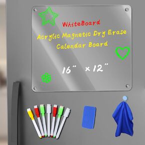 Magnetic Dry Erase Calendar Board Clear Acrylic Calendar WhiteBoard16 x12 for Fridge with 7 Markings in 4 Colours