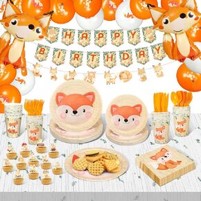 Outus 224 Pcs Fox Theme Birthday Party Decorations Fox Party Supplies Include Fox Theme Banner Fox Balloons Cake Topper Paper Table cover Tableware Set