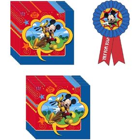 Mickey Mouse Party Supplies Bundle includes 32 Beverage Cake Napkins and 1 Guest Of Honor Award Ribbon