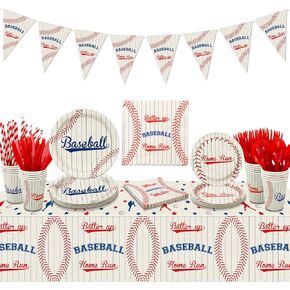Baseball Party Supplies, Include Baseball Home Run Banner, Tablecloth, Plates, Cups, Napkins for Kids Boys Sports Theme Birthday Decorations, Baseball Event Party Decor, Serves 20 Guests