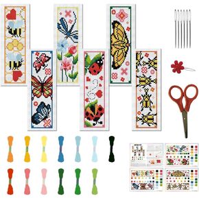 FREEBLOSS 6 Set Insect Cross Stitch Bookmark Stamped Cross Stitch Kit with Garden Insect Patterns Embroidery Kit with Instruction DIY Bookmark Kit for Gift Adults 8.67''x3''