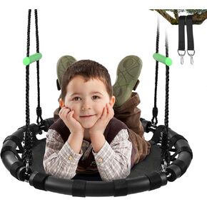 Black Hanging Tree Swing with Detachable Frame,PP Mat,Adjustable Multi-Strand Ropes,Safe and Durable Saucer Swing for Yard Garden Playground Park (40 inch Diameter, Black with 2 Extra Straps)