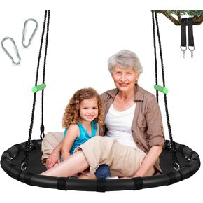 Black Hanging Tree Swing with Detachable Frame,PP Mat,Adjustable Multi-Strand Ropes,Safe and Durable Saucer Swing for Yard Garden Playground Park (40 inch Diameter, Black with 2 Extra Straps)