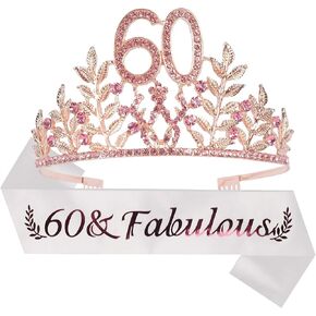 DORADREAMDEKO 60th Birthday Sash and Tiara for Women - Fabulous Glitter Sash + Leafs Rhinestone Pink Premium Metal Tiara for Her, 60th Birthday Gifts for 60 Party