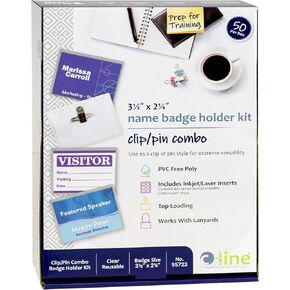 C-Line Clip/Pin Combo Style Name Badge Holders with Inserts, 4 x 3 Inches, 50 per Box (95743)