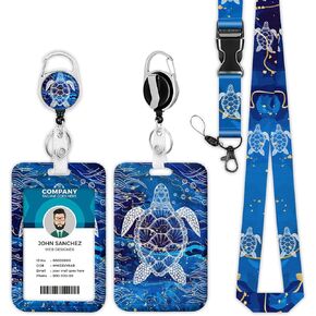 Sea Turtle Lanyards for ID Badges, Blue Marble ID Badge Holder with Lanyard Retractable Badge Holder/Reel Lanyard Teacher, Kids
