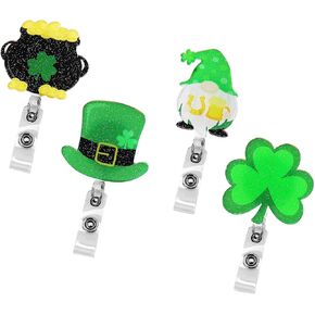 St Patrick's Day Badge Reels,Retractable Badge Reels with Alligator Clip,Holiday Badge Reels,Badge Reel with Badge Holder,Glitter Shamrock Badge Holder,St Patrick's Day Gift for Nurse Doctor (04)