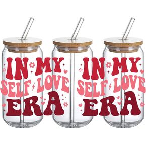 UV DTF Glass Cup Wrap Transfer Decal -3PCS ' in My Self Love Era ' Craft Transfers, Waterproof Decal for 16oz Glass Cups, Furniture, and Wood - Ceramic Mug DIY Crafts