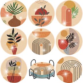 8 Pcs Diamond Painting Coasters with Holder,DIY Abstract Plants Life Coaster Diamond Art Kits for Adults,Beginners Round Full Drill Diamond Art Craft Supplies