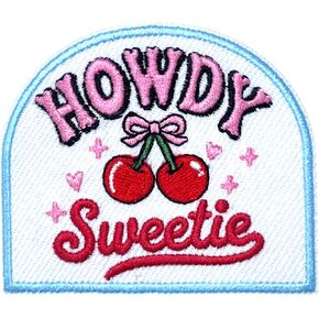 Howdy Sweetie Red Cherry Bow Patch 3 Inches Southern Coquette Cowgirl Western Iron On/Sew On Embroidery Fabric Applique Patches for Trucker Hats Clothes Backpack DIY Accessories Friends Mom Gifts