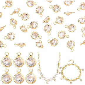 PH PandaHall 30pcs 18K Gold Plated Cubic Zirconia Charms, Golden Round Crystal Charms for DIY Crafts