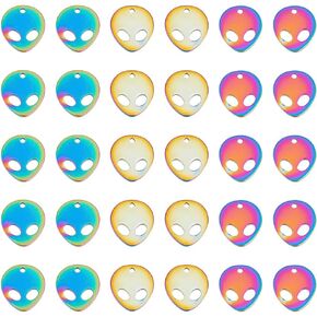 30Pcs Alien Charms Rainbow Stainless Steel Pendants Cute Alien Head Charm for DIY Earrings Bracelet Necklace Jewelry Making,Hole:1mm