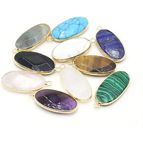 LE SKY Natural Stone Pendants Faceted Oval Shape Crystal Agate Stone Charms for Jewelry Making Necklace Bracelet 6 Pcs