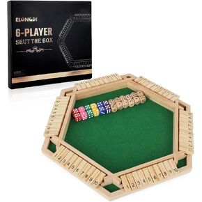 Upgraded 1-6 Players Shut The Box Dice Game with 12 Dice + Bonus 12 Spare Wooden Board Table Match Game for Kids and Adults,Family Board Games Night or Pub Party