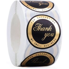Thank You Stickers with Red Background and Wide Matte Gold-foil Ring; 4 Elegant Handwriting Font Designs; 500 pcs Classic Round Adhesive Labels per Roll; Wide for Personal and Business Use