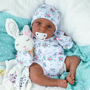 SCOM Reborn Baby Baby Girl Black Girl - 20 بوصة واقعية واقعية حديثي الولادة دمى الأطفال حديثي الولادة دمى أمريكية من أصل أفريقي للحياة الحقيقية دمى الطفل مع هدية زهور عيد الميلاد للأطفال 3