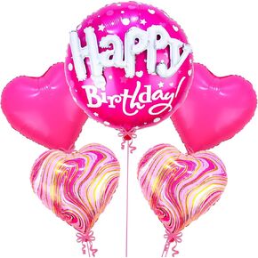 KatchOn, Happy Birthday Balloon Pink Set - Huge, 23 Inch, Pack of 5 | Pink Happy Birthday Balloons, Pink Heart Balloons | Hot Pink Birthday Balloons | Pink Mylar Balloons, Pink Birthday Decorations