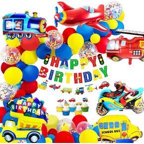 MOVINPE Transportation Birthday Decoration for Boys Happy Birthday Banner Cars School Bus Train Fire Truck Motorcycle Plane Foil Balloons Transport Vehicles Cake Topper Kids 2nd Birthday Decor