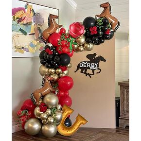 Derby Balloon Garland Arch Kt, 144pcs Red Black Gold Balloons with Rose Horse Horseshoe Foil Balloons for Run for the Rose Kentucky Party Birthday Horse Racing Decorations