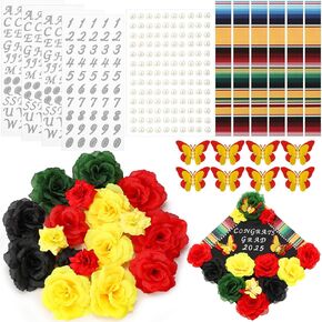 KNITGRIP 37 PCS DIY Mexican CARGEUTION CAP DECERATIONS KIT COPSORY CHESS CHEST FAUX FLOWER HEADS 3D Butterfly Leatfer Lefficers ملصقات لؤلؤة لتخرج CAP CAP DER CRAFT (6 لون)