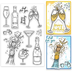 PH PandaHall Champagne Clear Stamps, Celebrate Silicone Stamp Wine Glass Rubber Stamps Happy Birthday Transparent Stamps for Card Making Photo Album Decoration and DIY Scrapbooking 6.2x4.3 inch
